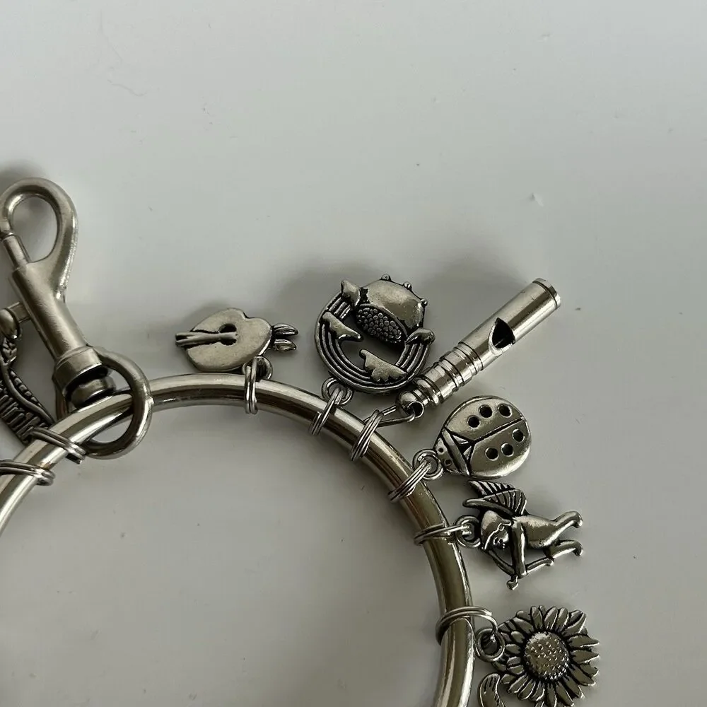 Green Rhino Key Bracelet Charm Holder Silver Tone Animals Flowers Key Ring
